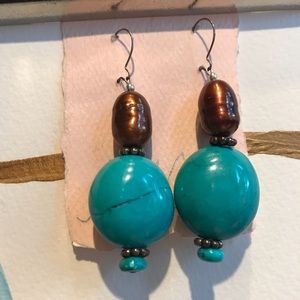 Turquoise and Bronze Pearl Silver Earrings